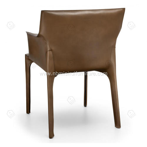 Italian minimalist brown saddle leather armrest chairs